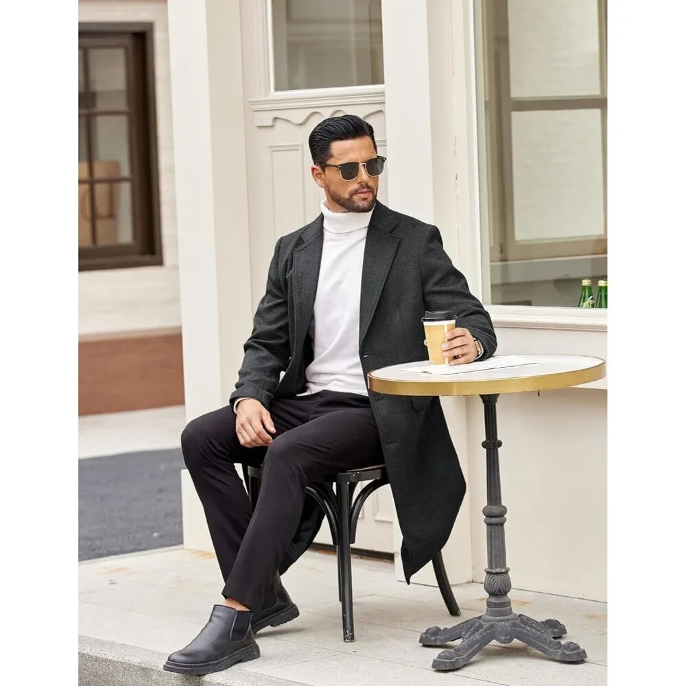 Men's Dark Grey Trench Coat Long Casual Notched Collar Wool Blend Pea coat